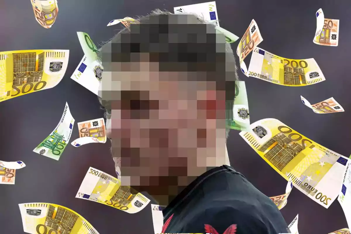 Person with a pixelated face surrounded by euro bills floating in the air