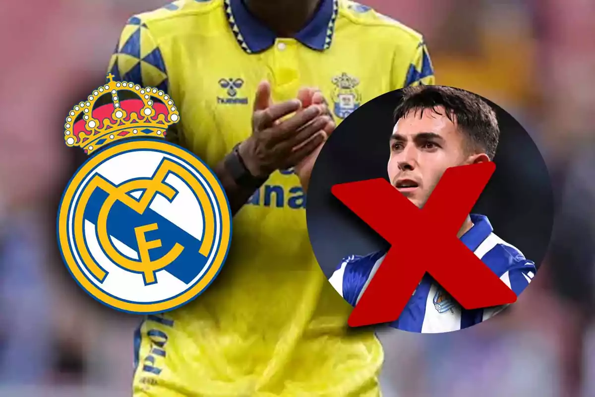 A player in a yellow uniform applauds as the Real Madrid crest and the image of a player with a red cross appear superimposed.