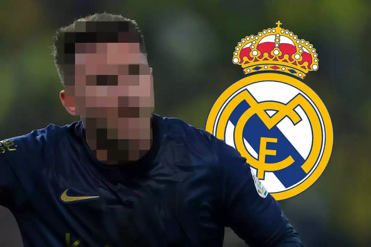 A player with a pixelated face is wearing a dark jersey and is next to the Real Madrid crest.