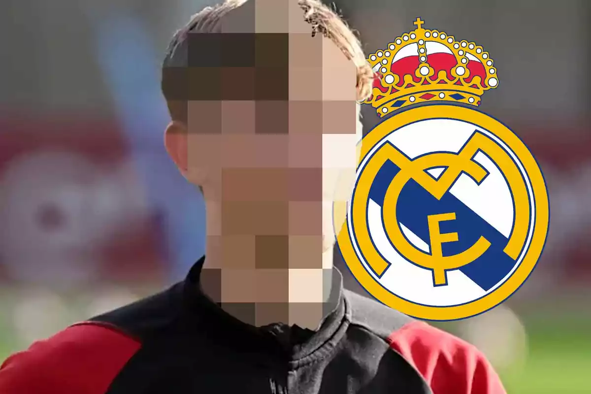 Una persona con el rostro pixelado y el escudo del Real Madrid al lado.