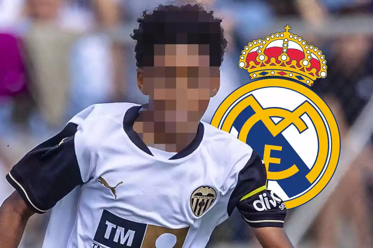 A player with a pixelated face is wearing a Valencia CF jersey, and next to him is the Real Madrid crest.