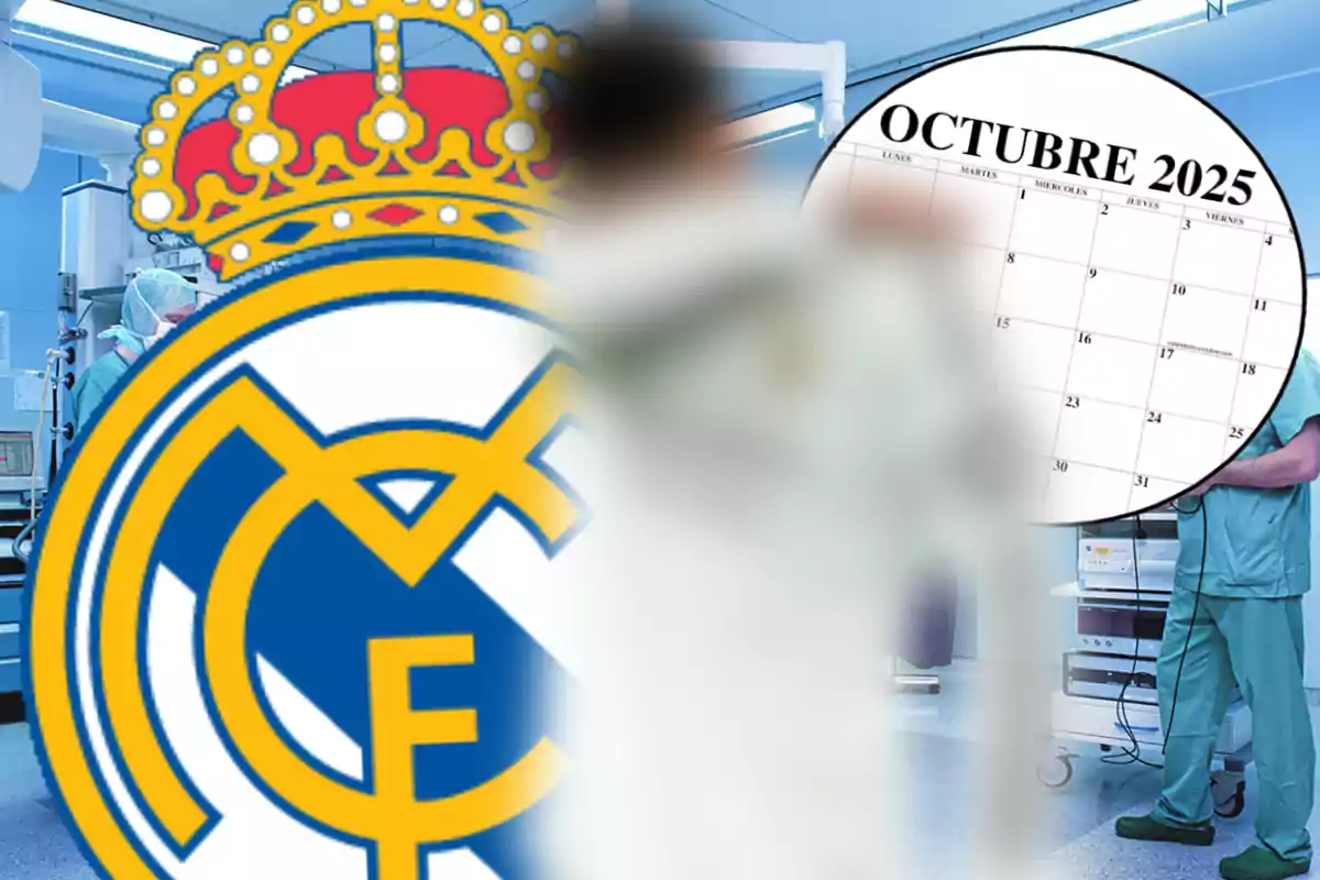 Un logotipo grande de un equipo de fútbol junto a un calendario de octubre de 2025 en un entorno de hospital.