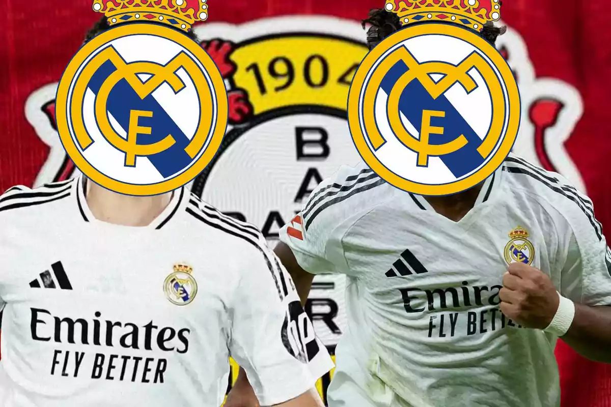 Dos jugadores de fútbol con camisetas del Real Madrid tienen el escudo del equipo sobre sus rostros, con un fondo que parece ser el logo de otro club.