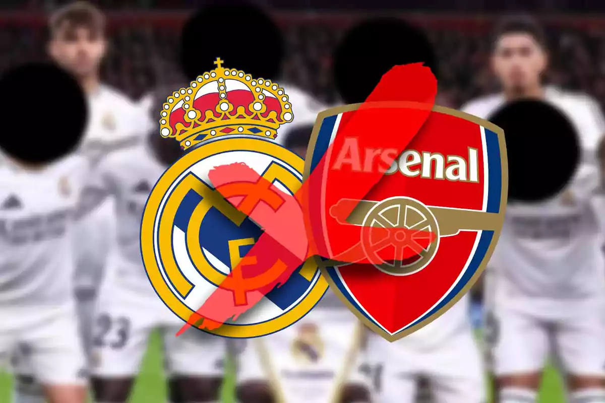 Logos de dos equipos de fútbol superpuestos con una cruz roja sobre ellos.