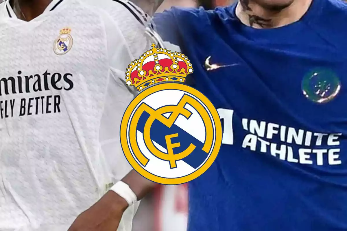 Dos jugadores de fútbol con camisetas de diferentes equipos, con el escudo del Real Madrid superpuesto en el centro.