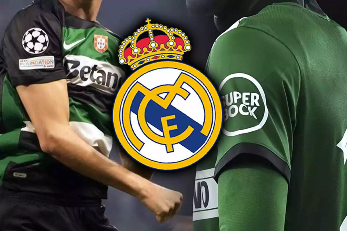 Jugadores de fútbol con camisetas verdes y el escudo del Real Madrid en el centro.