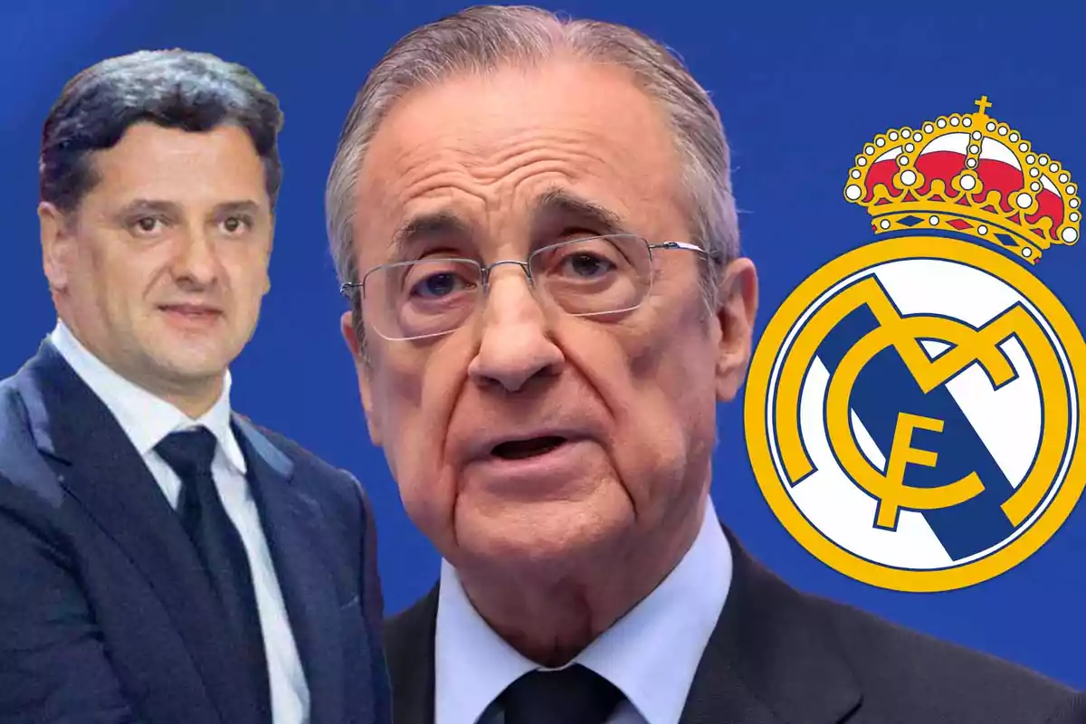 Dos hombres con traje frente a un fondo azul junto al escudo del Real Madrid.