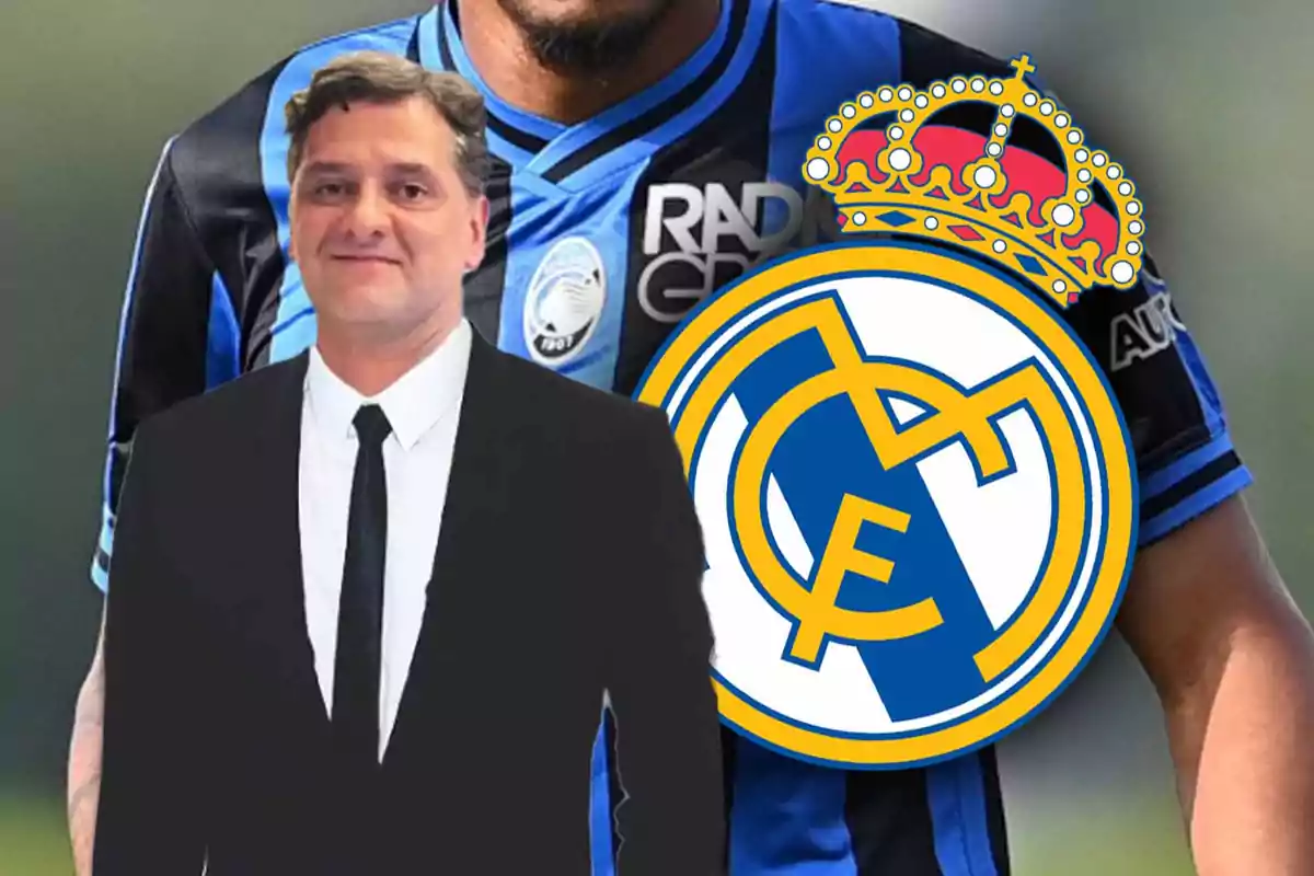 A man in a suit in front of a background of a blue and black soccer jersey and the Real Madrid crest.