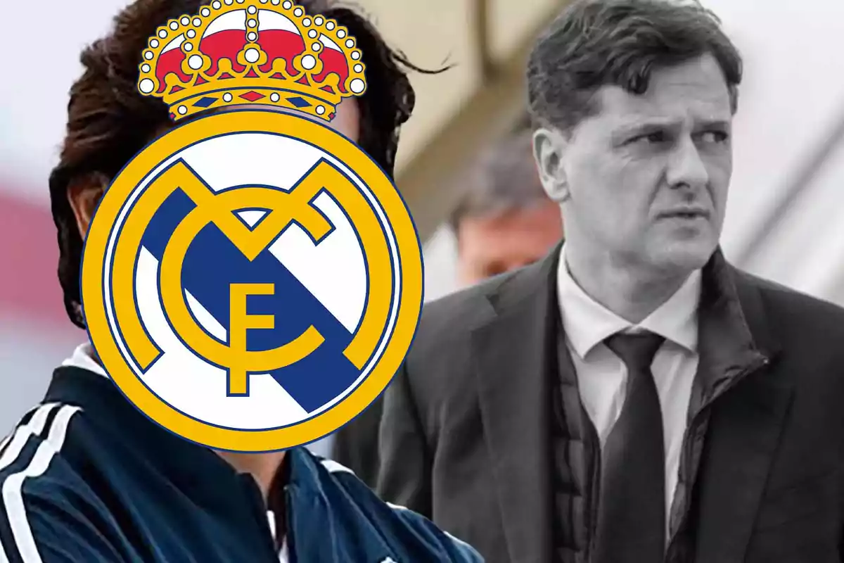 Two people, one with the Real Madrid logo covering their face and the other dressed in a suit looking to the left