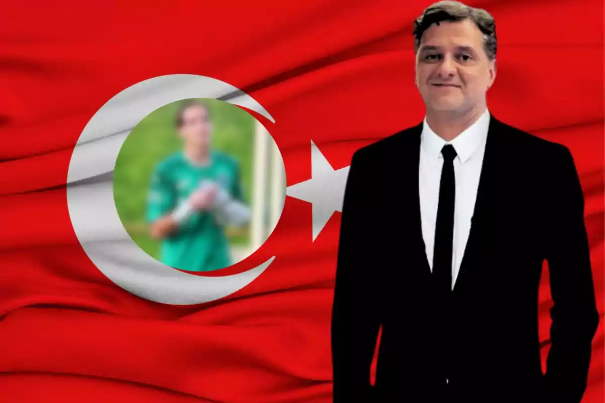 A man in a black suit and tie on a background of the flag of Türkiye, with a blurred image of a football player in the center of the flag circle.