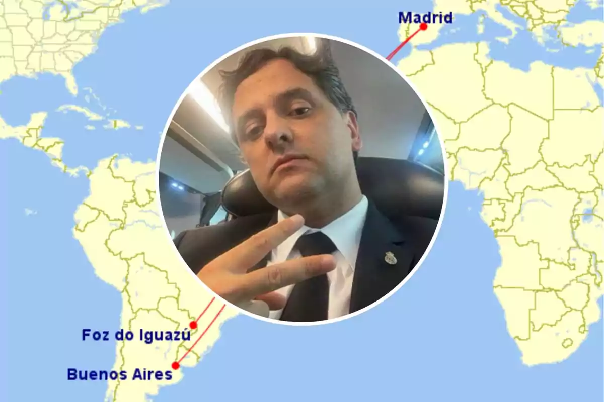 Man in a suit making a peace sign in the foreground over a map showing routes between Buenos Aires, Foz do Iguaçu, and Madrid