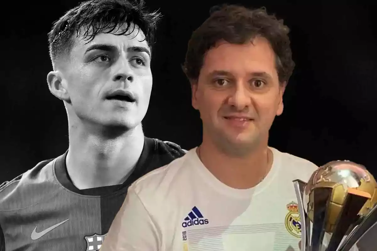 A man wearing a Real Madrid jersey holds a trophy while in the background there is a black and white image of a player wearing a Barcelona jersey.