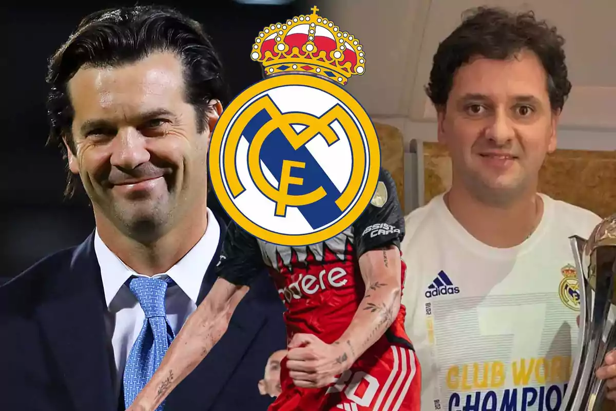 Dos personas sonrientes con un escudo del Real Madrid superpuesto en el centro de la imagen.