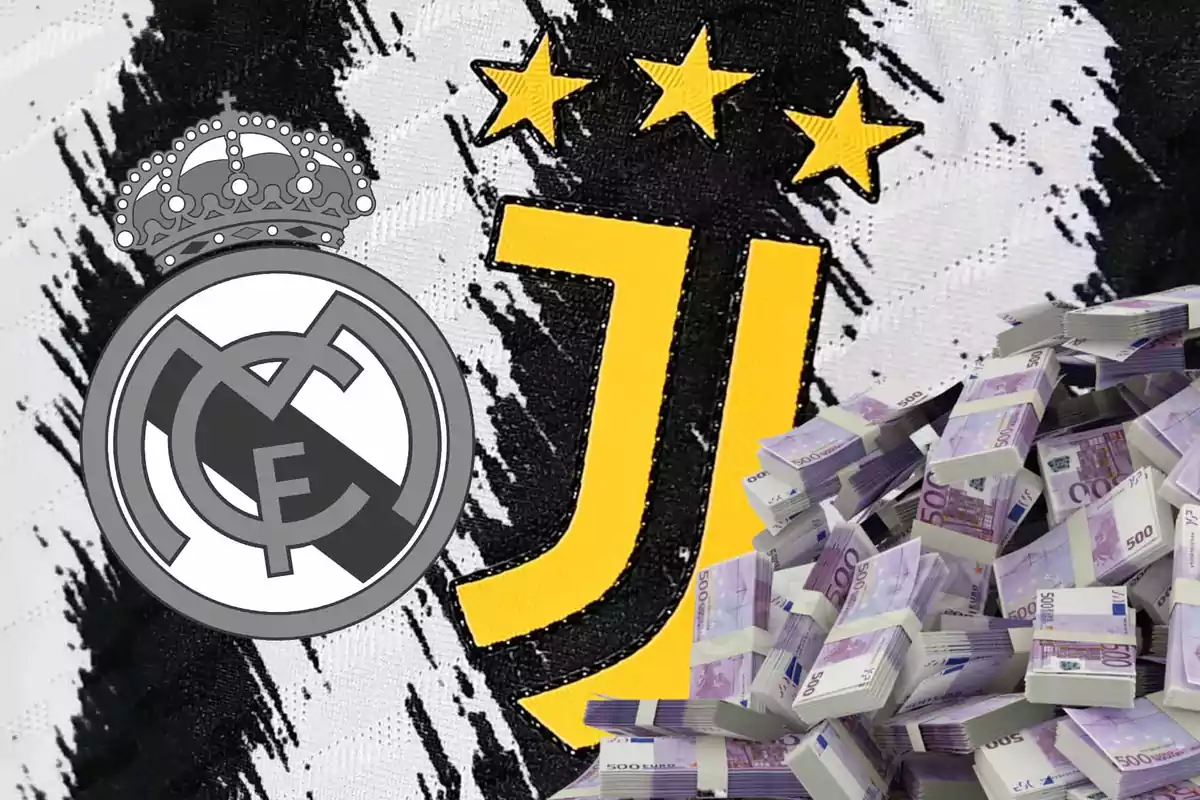 Logos of two soccer teams next to a stack of bills.