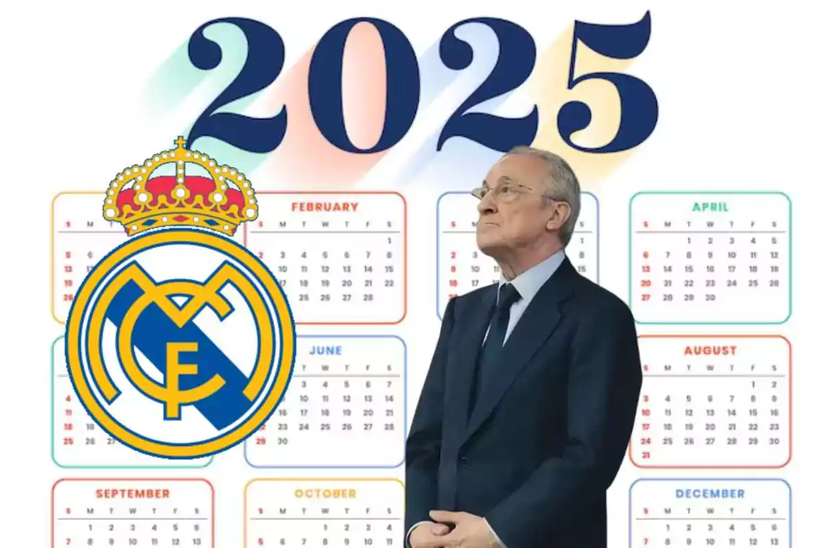 Un hombre de traje junto al logo del Real Madrid y un calendario del año 2025.