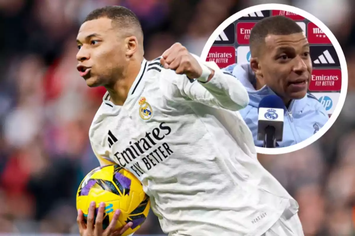 Un jugador de fútbol con el uniforme del Real Madrid sosteniendo un balón y una imagen insertada de él hablando en una conferencia de prensa.