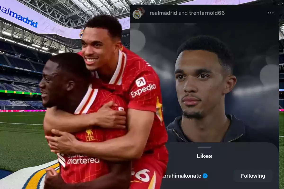 Two Liverpool footballers celebrate on Real Madrid’s field while, in the background, a screenshot of a social media profile of one of them appears.