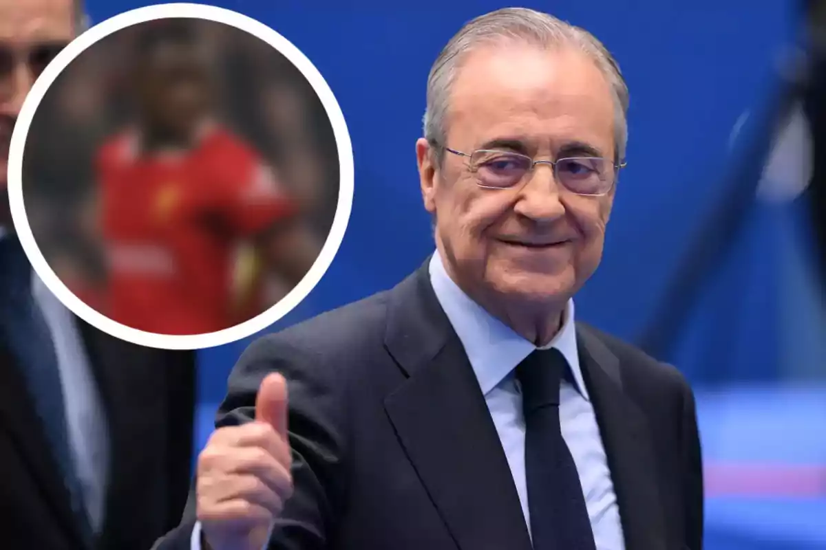 An older man with glasses and a dark suit smiles and gives a thumbs-up, while a person in a red jersey is seen in a blurry circle.