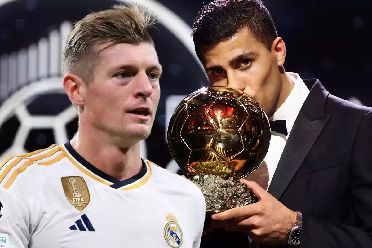 Two players, one in a Real Madrid uniform and the other holding a golden trophy, pose at a sporting event.