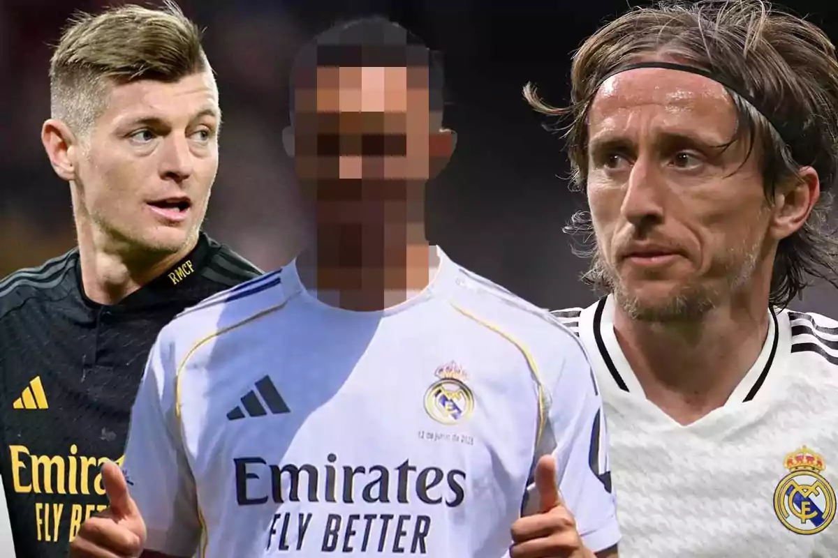 Three Real Madrid players, two of them clearly visible and one in the center with a pixelated face, all wearing the team’s uniforms