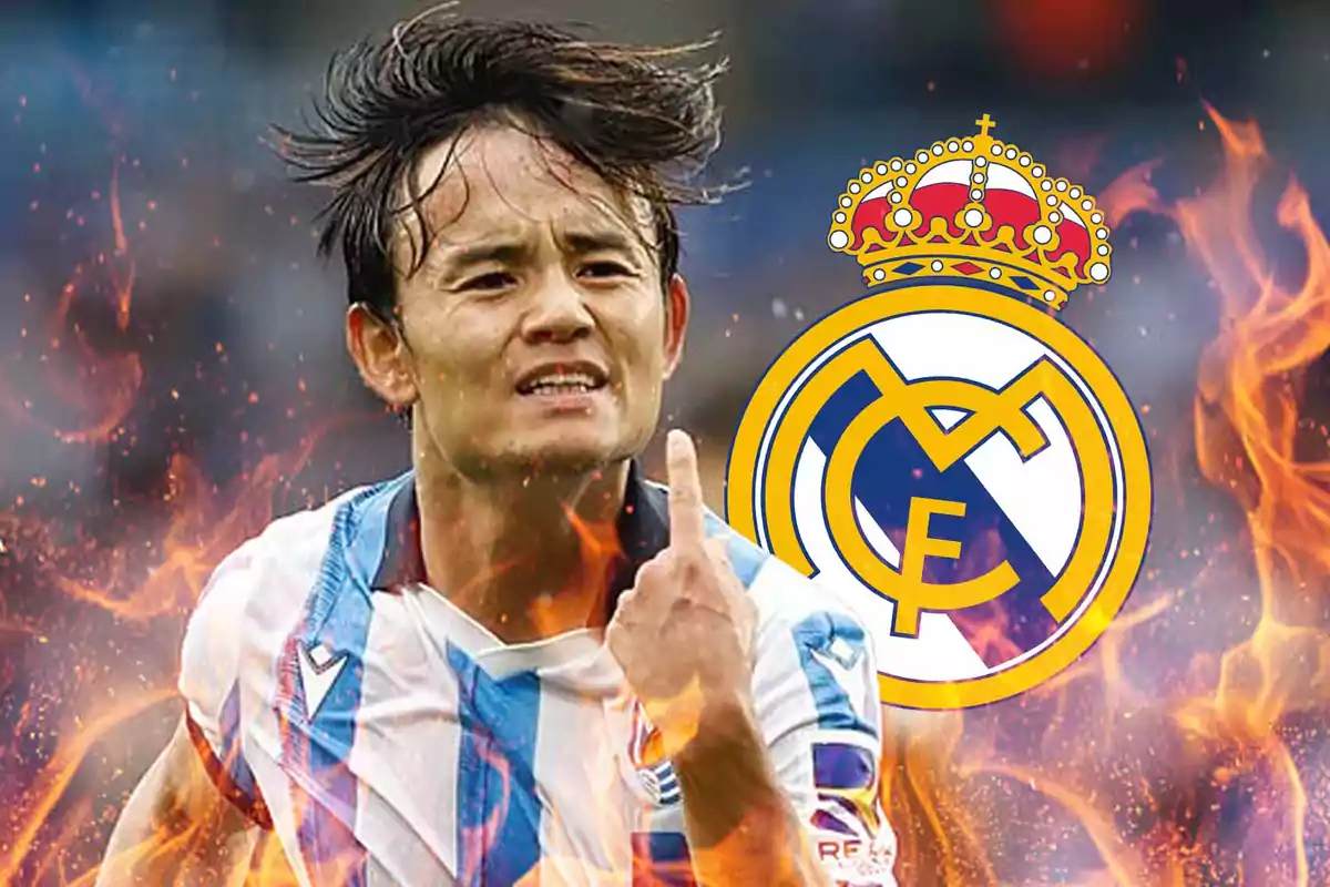 A player in a blue and white striped jersey appears in the foreground with a celebratory gesture while the Real Madrid logo is shown in the background surrounded by flames.