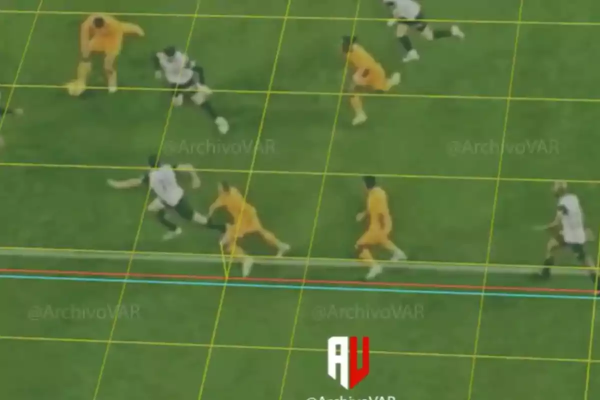 Football players on the field with offside analysis lines. Football players on the field with offside analysis lines.