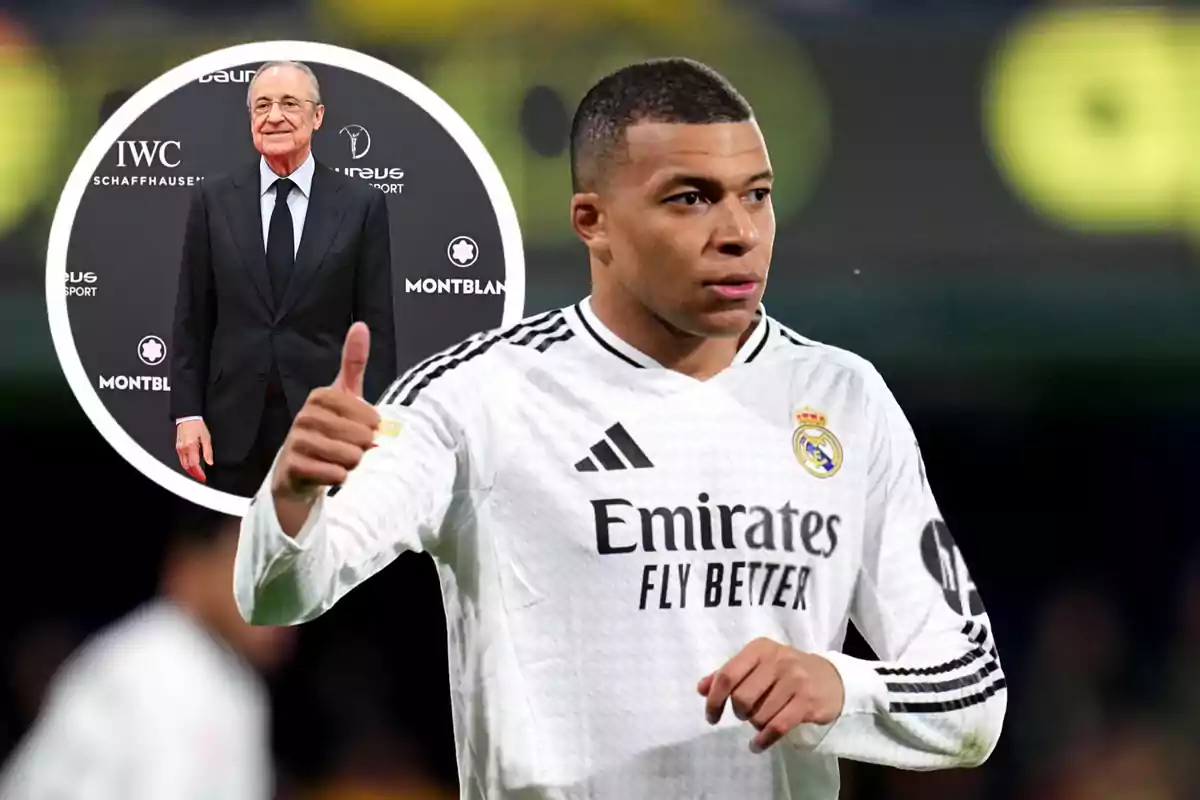 A player in a Real Madrid uniform gives a thumbs-up gesture, while an older man in a suit appears in a box at an event.