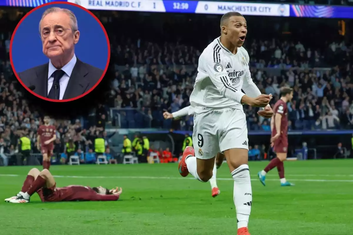 Un jugador del Real Madrid celebra un gol en un partido contra el Manchester City mientras un hombre aparece en un recuadro en la esquina superior izquierda.