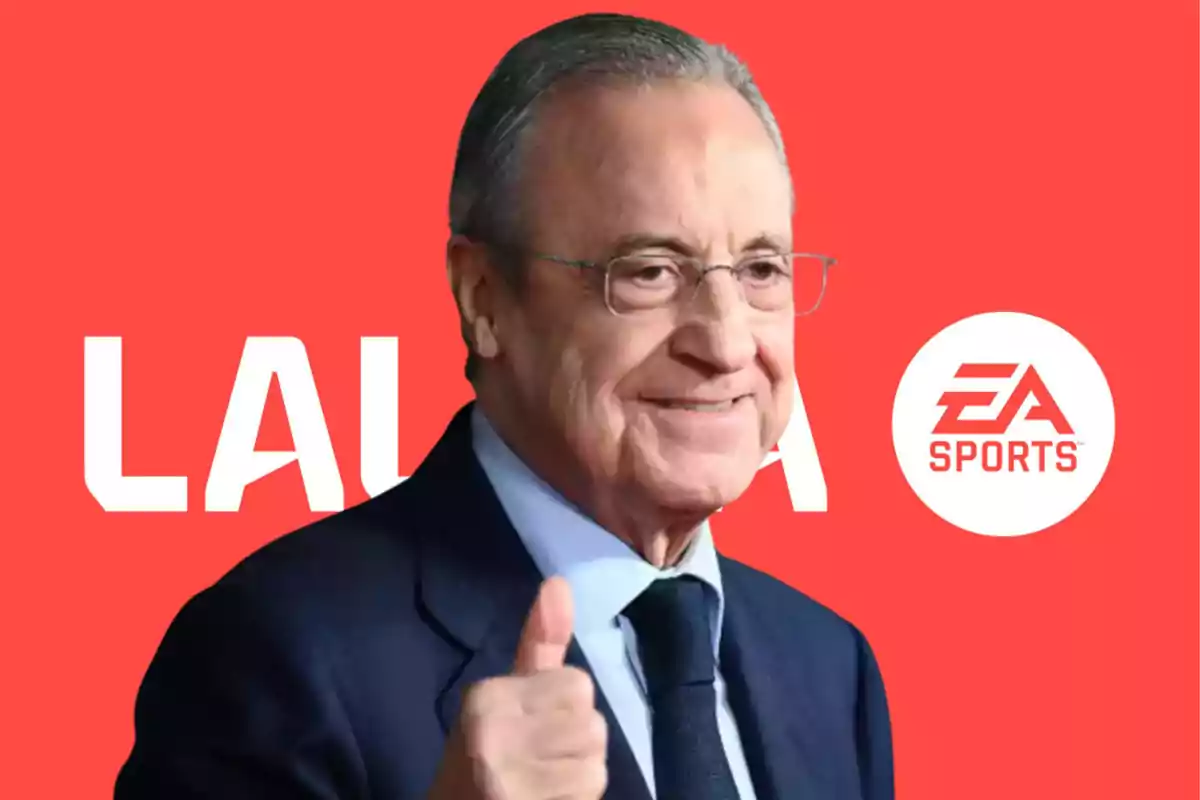 Hombre mayor con gafas y traje oscuro haciendo un gesto de aprobación con el pulgar levantado sobre un fondo rojo con el logo de EA Sports.