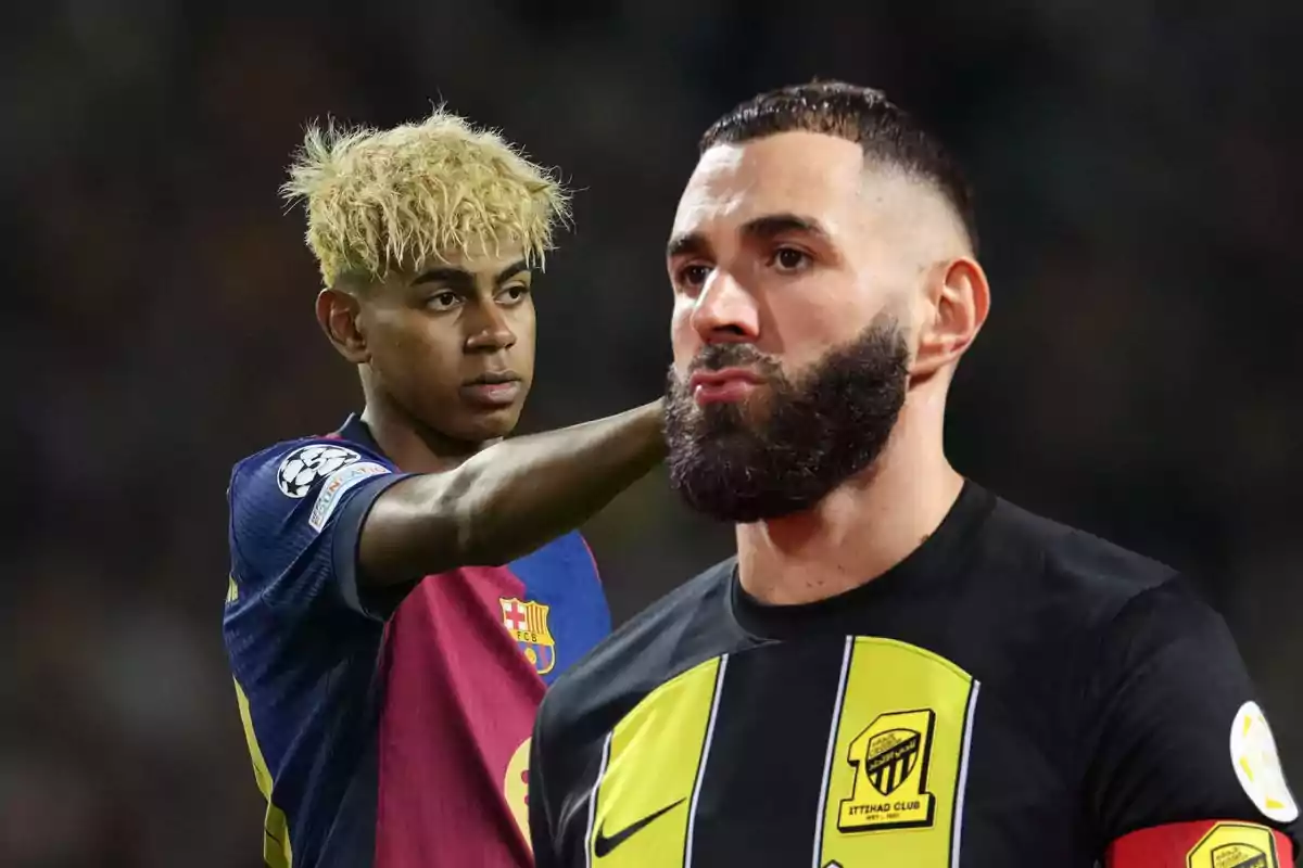 Dos jugadores de fútbol con uniformes de diferentes equipos, uno con cabello rubio y el otro con barba.