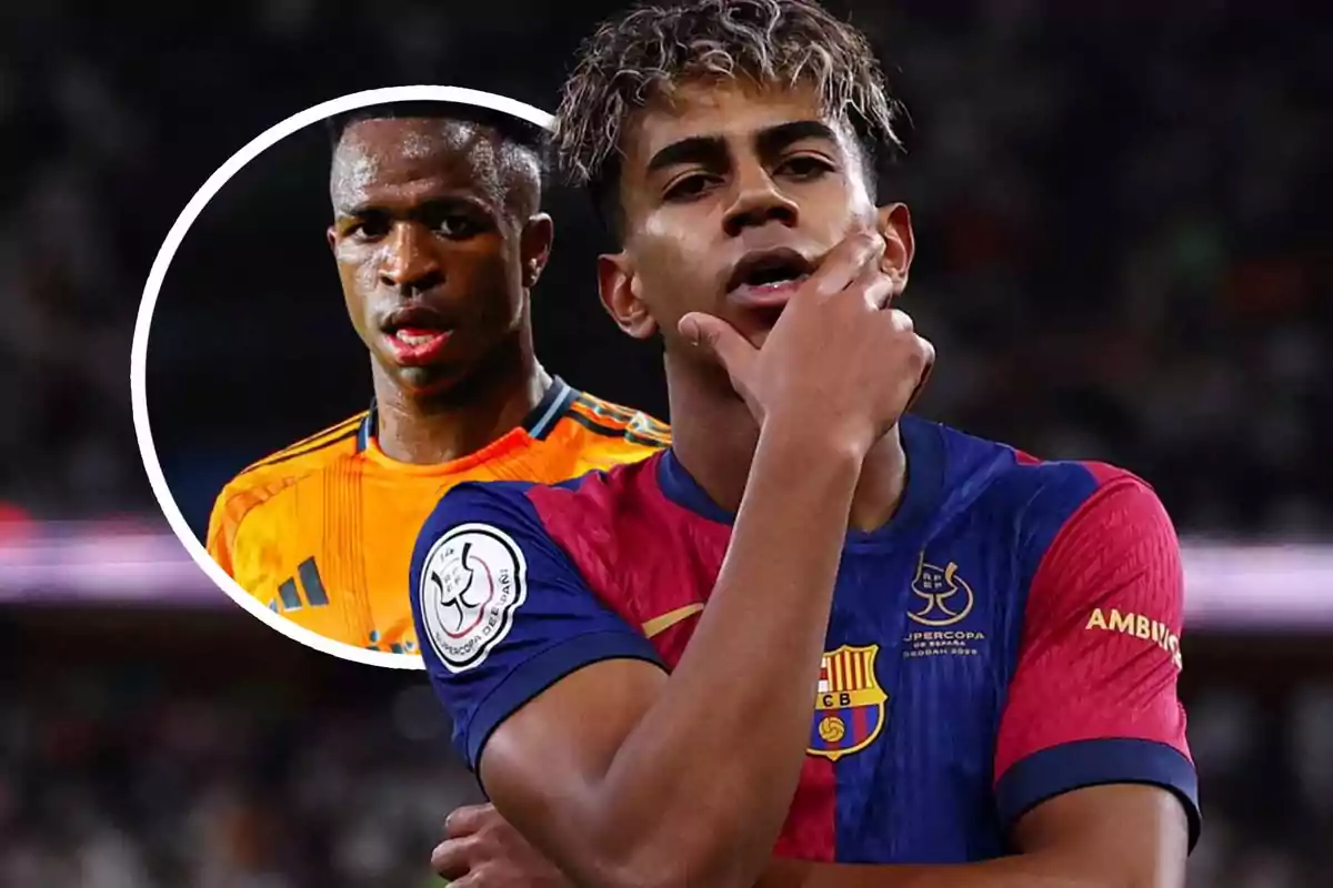 Two players in a montage, one in the foreground wearing a Barcelona jersey and the other in an inset wearing a Real Madrid jersey.