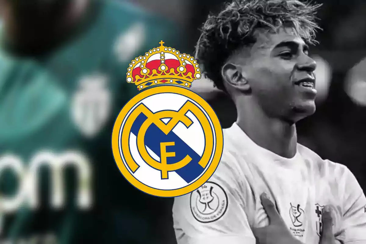 Un jugador de fútbol con una camiseta blanca sonríe mientras el escudo del Real Madrid aparece en primer plano.