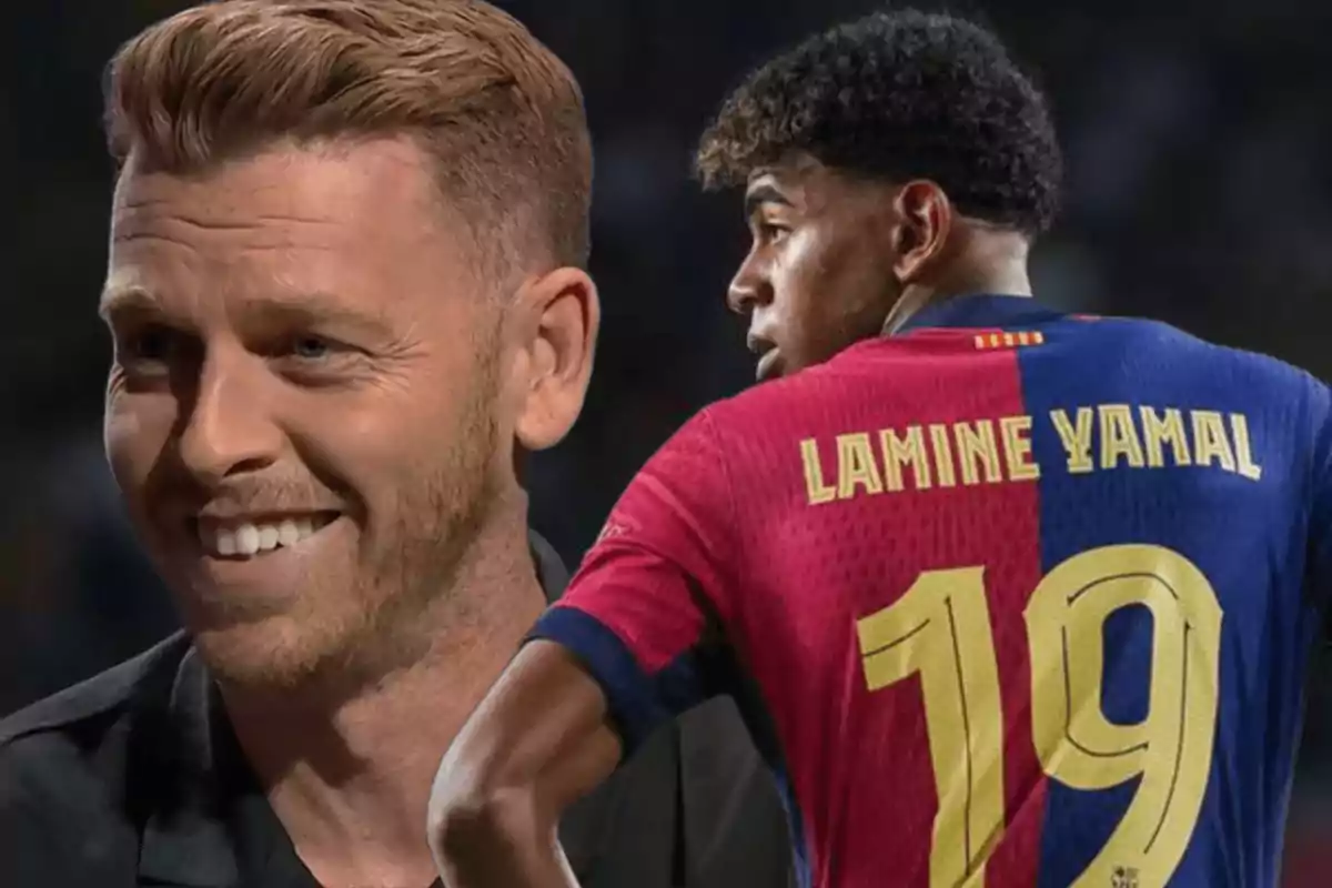 A smiling man stands next to a soccer player wearing a Barcelona jersey bearing the name "Lamine Yamal" and the number 19.