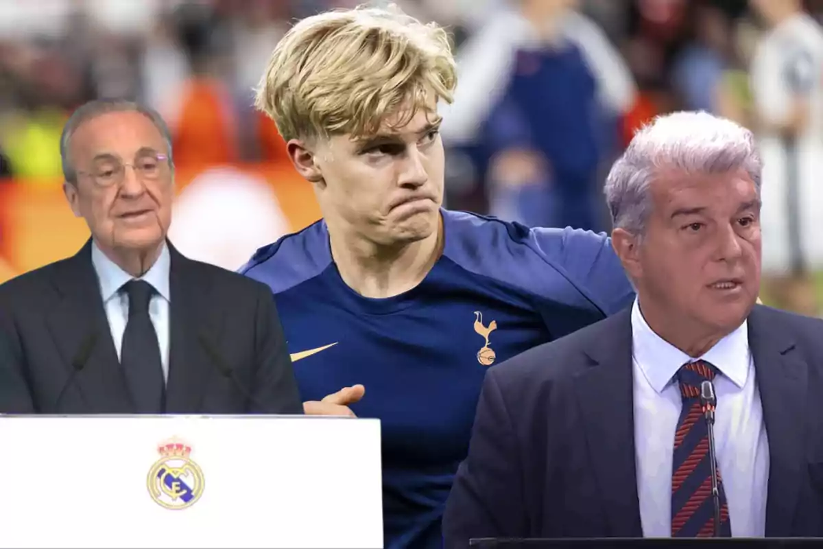 Tres hombres en primer plano, uno con traje oscuro y gafas frente a un podio con el escudo del Real Madrid, otro en el centro con camiseta azul del Tottenham y expresión seria, y un tercero con cabello canoso y corbata a rayas hablando frente a un micrófono