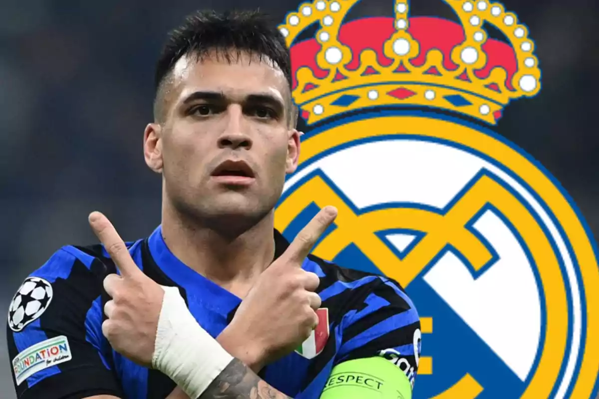 Soccer player celebrating with arms crossed in front of the Real Madrid crest
