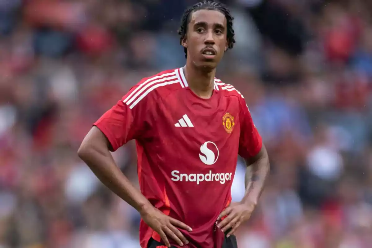 Football player in red Manchester United jersey on the field. Football player in red Manchester United jersey on the field.