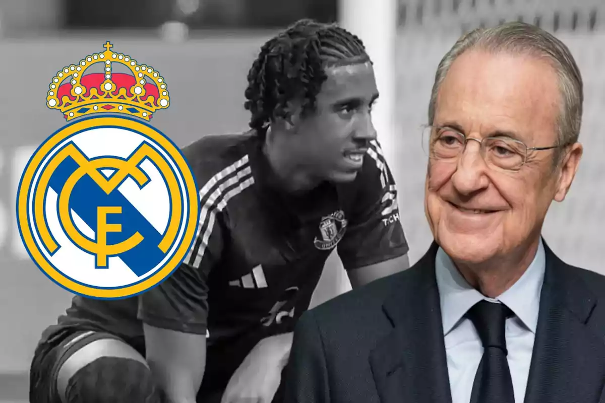 Un jugador de fútbol en uniforme oscuro junto al escudo del Real Madrid y un hombre mayor con gafas y traje sonriente.