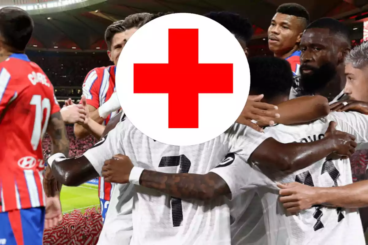 Soccer players from two different teams greet each other on the field, with a red cross symbol overlaid in the center of the image.