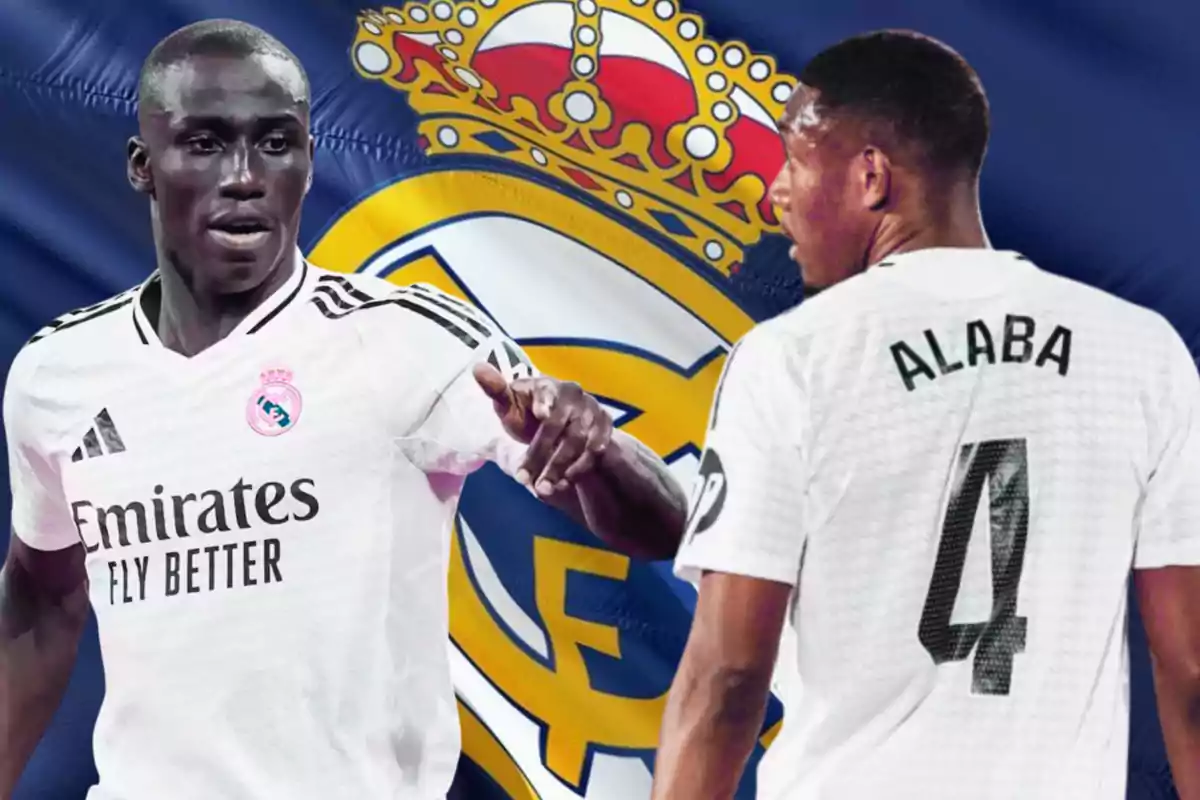 Two players in white Real Madrid uniforms in front of the team's crest.