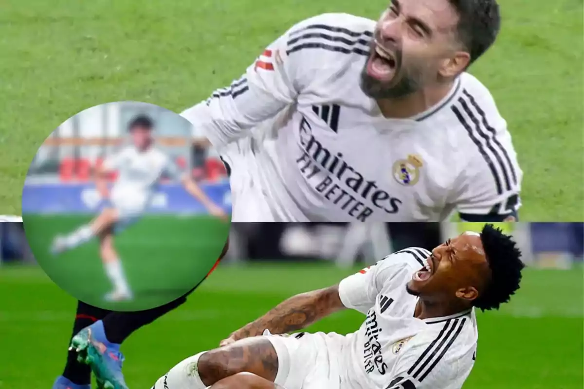 Real Madrid soccer players on the ground with expressions of pain during a match.