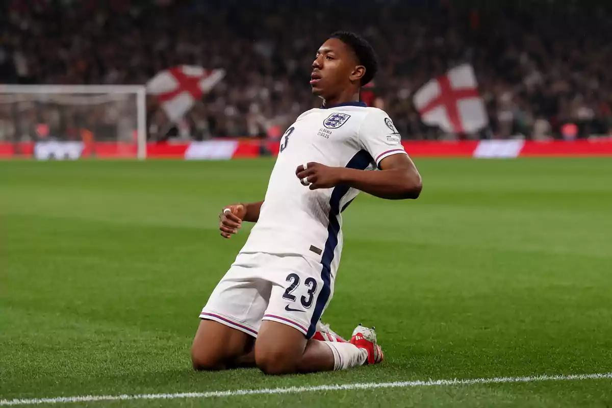 Soccer player celebrating a goal on the field with flags in the background. Soccer player celebrating a goal on the field with flags in the background.