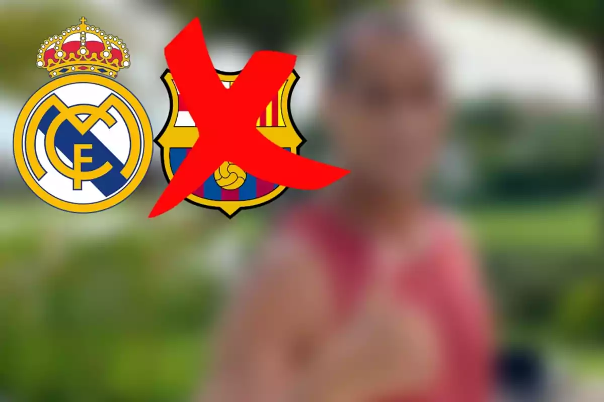 Logos de dos equipos de fútbol con una gran X roja sobre uno de ellos y una persona desenfocada al fondo.