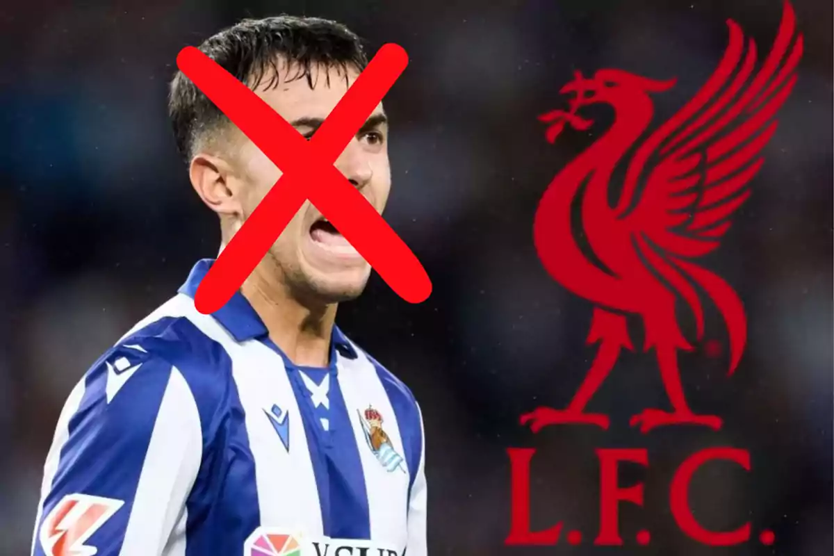 Jugador de fútbol con una gran cruz roja sobre su rostro junto al logo del Liverpool FC.