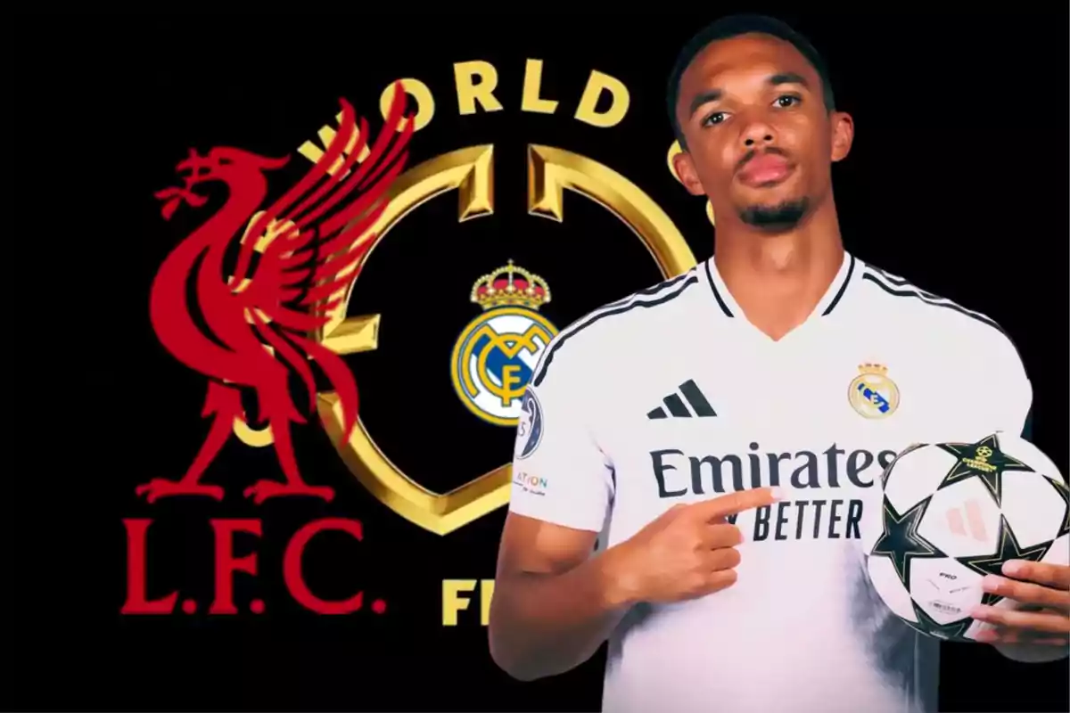 Un jugador de fútbol con la camiseta del Real Madrid sostiene un balón, con los logotipos de Liverpool y Real Madrid de fondo.