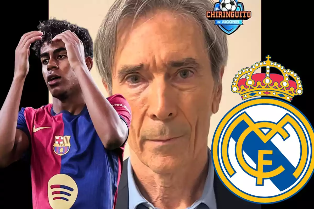 Un jugador de fútbol con la camiseta del Barcelona, un hombre mayor en el centro y el escudo del Real Madrid a la derecha, con el logo de un programa deportivo en la esquina superior.