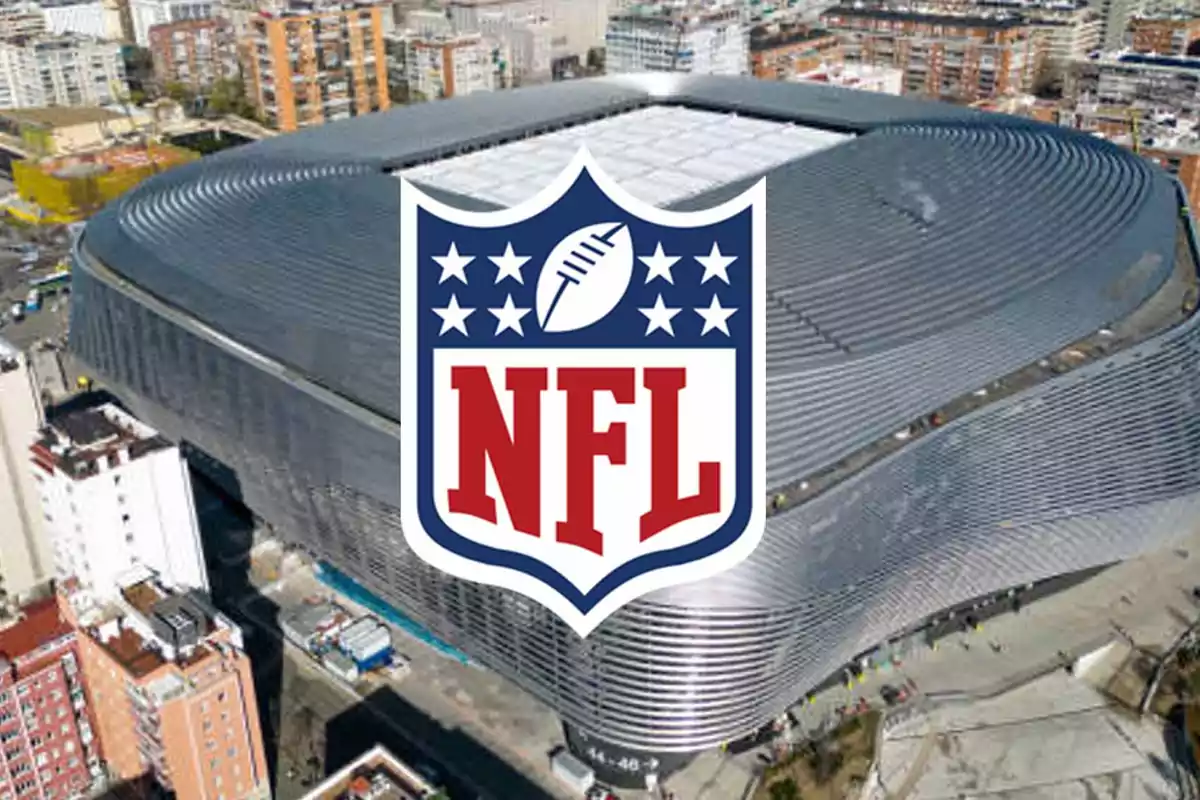 Aerial view of a modern stadium with the NFL logo superimposed in the center.