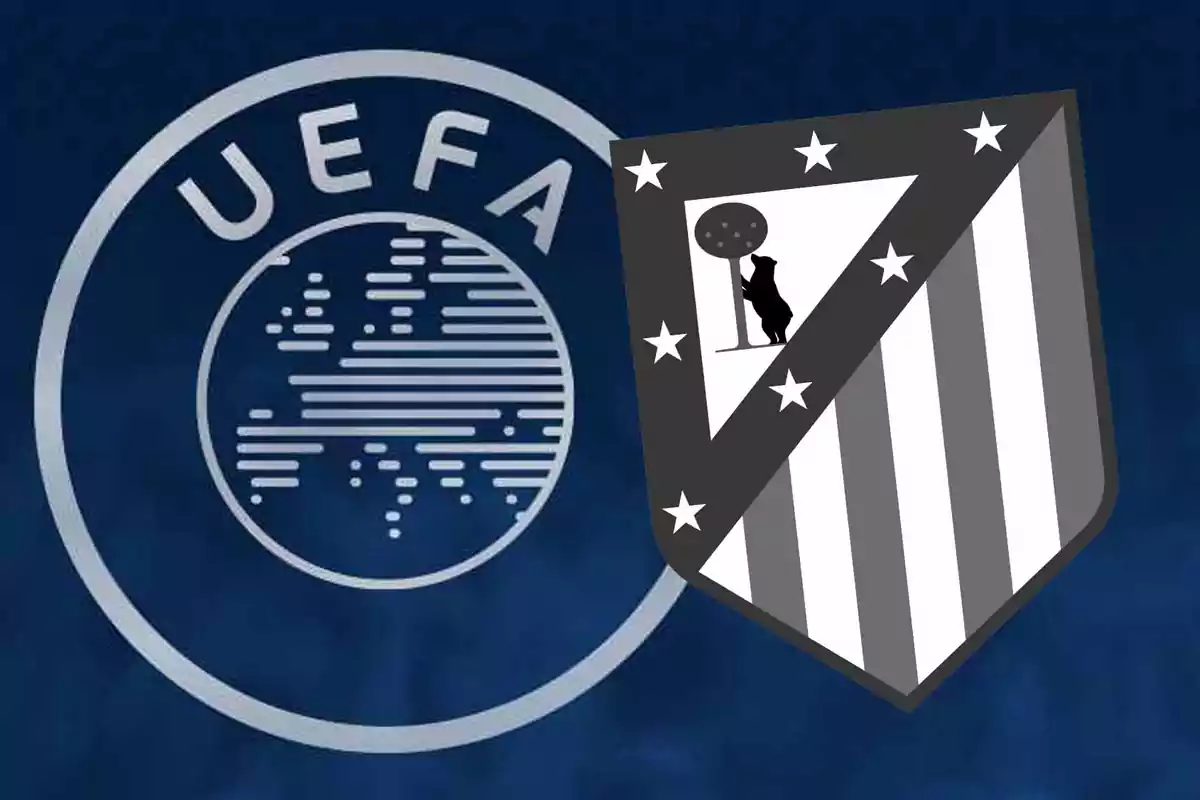 Logos de la UEFA y un equipo de fútbol sobre un fondo azul.