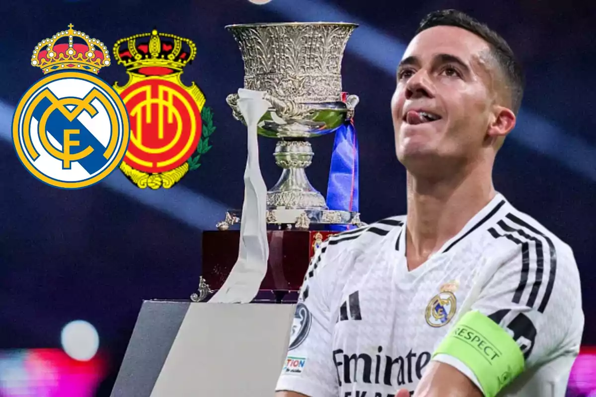 Real Madrid player with the Spanish Super Cup and the Real Madrid and Mallorca shields in the background.