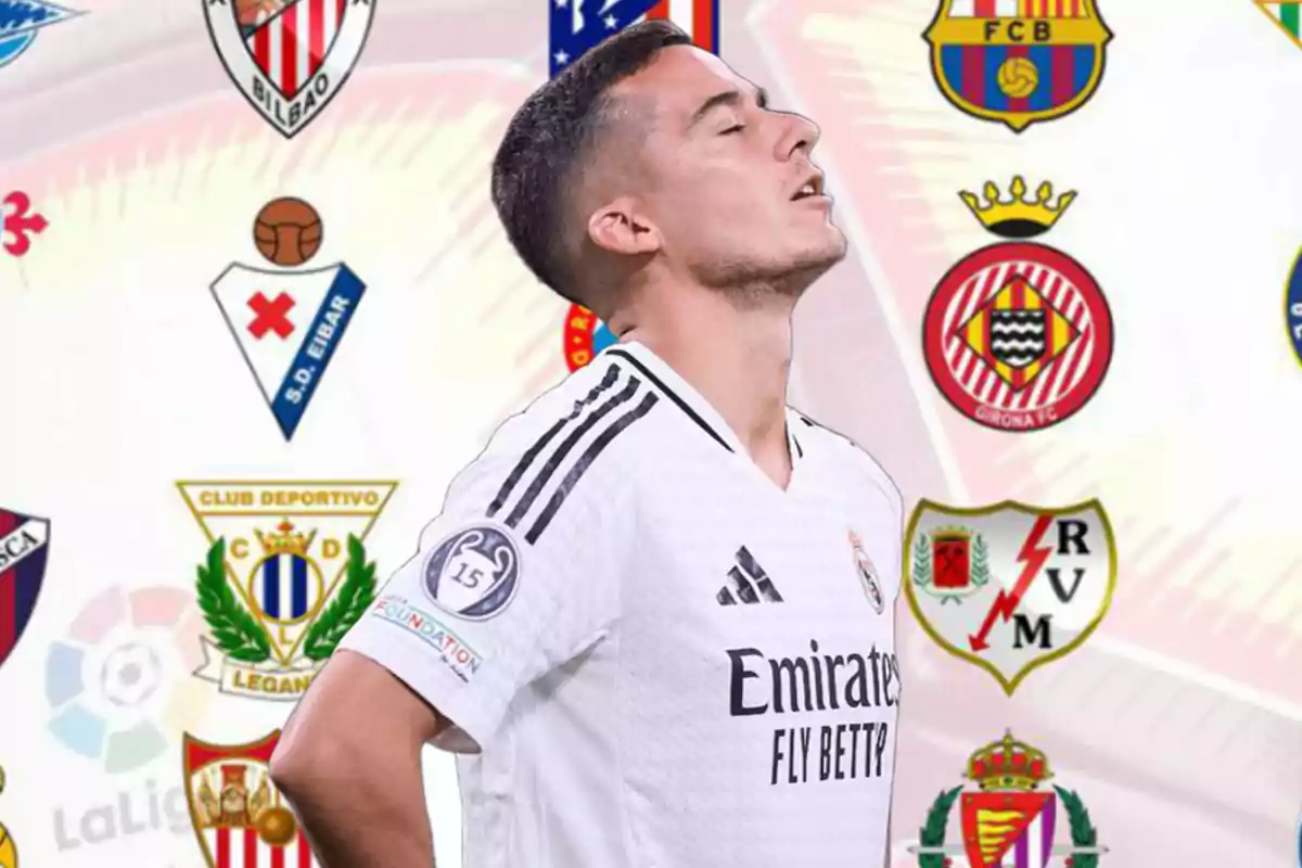 A Real Madrid soccer player with his eyes closed and a background of La Liga team crests.