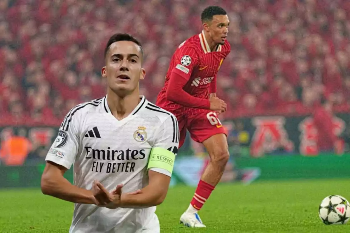 Dos jugadores de fútbol en un campo, uno con uniforme blanco y otro con uniforme rojo, durante un partido.